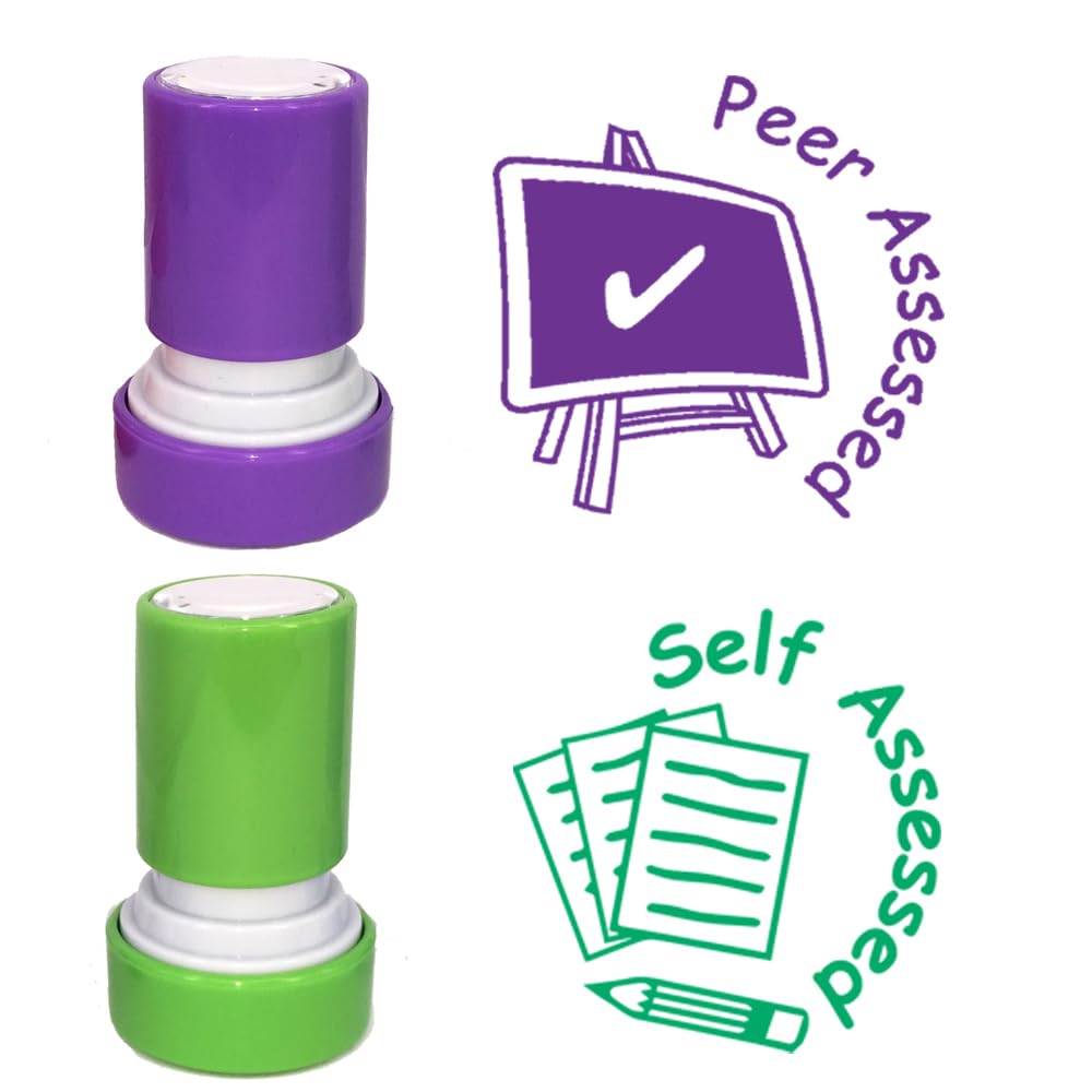 Self assessed, Peer assessed, 2 Teacher Stamp Set, 22mm Self-Inking, Reinkable. Green and Purple Ink