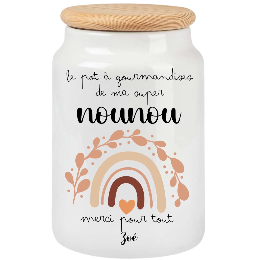 Pot à Cookies Nounou Personnalisé avec Prénom | Cadeau Original Fin de Contrat Crèche ou Remerciement | Boîte à Biscuits Hermétique Céramique | Merci Nounou (Arc-en-Ciel-2)