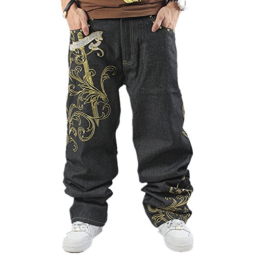 Ruiatoo Baggy Jeans for Men Fashion Hip Hop Loose Fit Jeans with Fashion Embroidery Print 36 Black