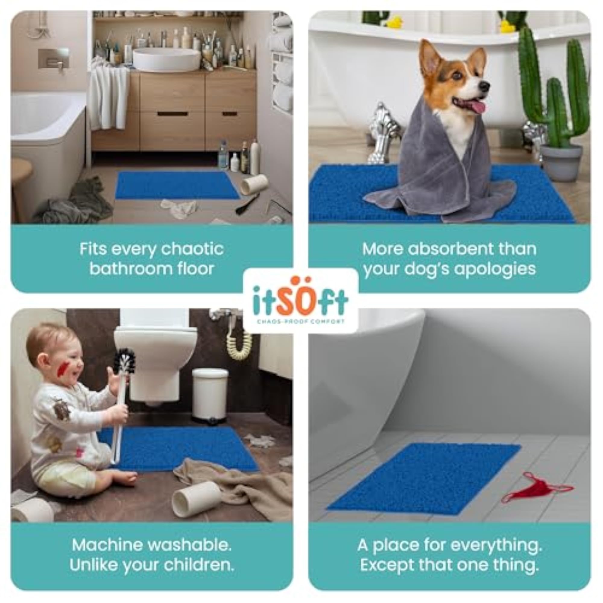 Non Slip Shaggy Chenille Bath Mat, Blue