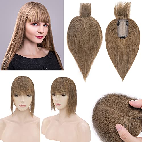 SEGO 120% Density Hair Topper With Bangs Silk Base Human Hair Top Hair Pieces Clip in Crown Topper for Slight Hair Loss Thinning Hair Cover Gray Hair -14 Inch Light Brown
