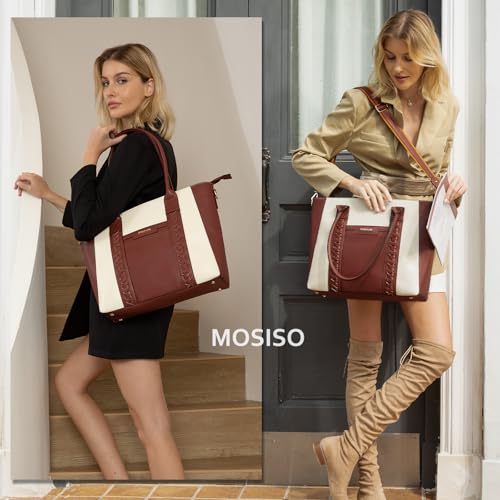 MOSISO Laptop Tote Bag for Women, 15.6 inch PU Leather Work Bag with Double Weave Strips & Clutch Purse, Waterproof Computer Briefcase Shoulder Handbag for Business Office, Brown2