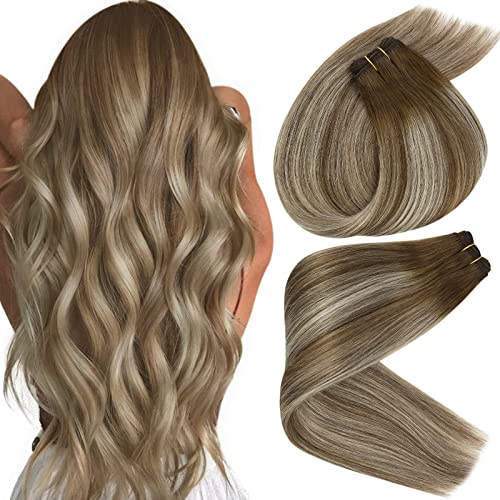 Sunny 24inch Weft Extensions Human Hair Ombre Blonde Sew in Hair Extensions Chestnut Brown Ombre Blonde Balayage Weft Hair Extensions Full Head Ombre Bundle 100g 1pc