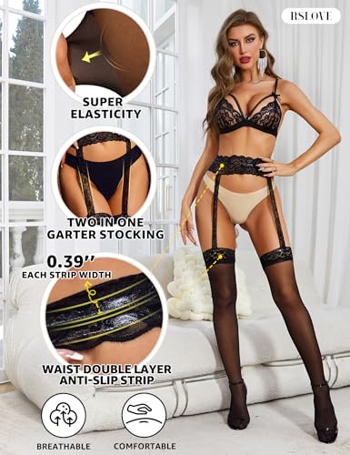 RSLOVE Stockings for Women Sheer Thigh High Sexy Pantyhose Lace Suspender Tights Garter Antiskid Silicone High Waist3
