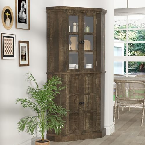Betterhood Corner Storage Cabinet, 67" Kitchen Corner Cabinet with Glass Doors, Farmhouse Tall Corner Display Cabinet with Adjustable Shelves for Dining Room, Living Room, Rustic Brown