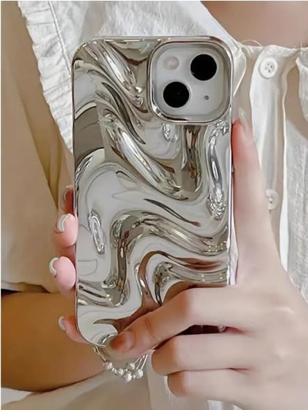 Image of COVERLY Metallic Silver Swirl Back Case for iPhone 14 Plus | Hot Minimalist Faux Wave Cute Design | Camera Lens Protection | Soft Silicone Fashion Aesthetic Cover for Girls & Women (Silver,Shockproof)