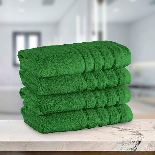 Image of Elegant Comfort 100% Turkish Cotton 4 Lines Viscose Stripe Luxury 4 Pack Hand Towel Set - Ultra Absorbent and Soft 16 x 28 Inch Premium Hotel Spa Quality Towels for Everyday Bath Use, Emerald Green
