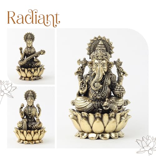 Image of Habere India-All the Cultures Fabricating India Brass Lakshmi Ganesh Saraswati Idol Set for Pooja Room | Pure Brass Lakshmi Ganesh Saraswati Murti for Home (Design04: L5 x W5 x H8 cm)