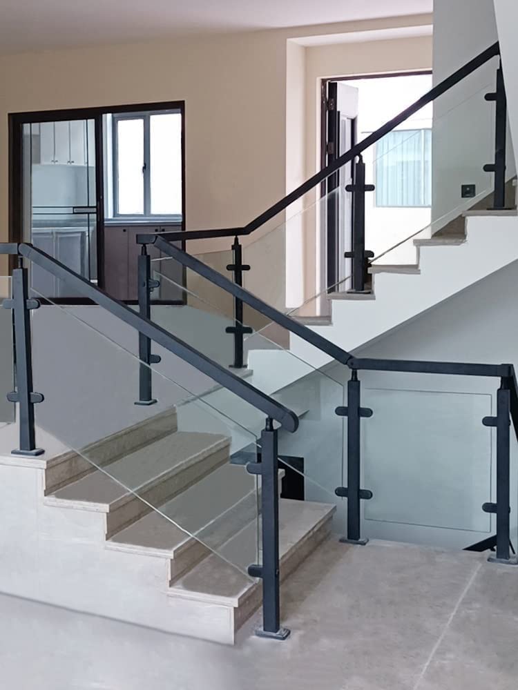 Słupki ogrodzeniowe ze stali nierdzewnej, balustrady ze stali nierdzewnej z czarną szklaną poręczą do schodów, loftów, willi i balkonów, kompletny zestaw w zestawie, wysokość 90 cm/34 cale