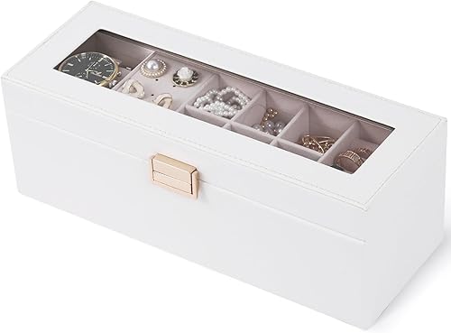 Dajasan Cajas de joyería para mujeres y niñas, caja organizadora de joyas, caja organizadora de joyas de 2 capas con tapa transparente, organizador