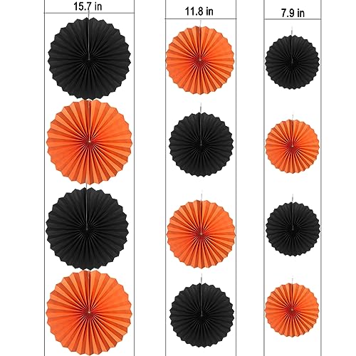 Image of MOWO Orange Black Paper Fans Wall Decoration, 12pc | Background Ceiling Hanging Decoration, For Halloween Graduation Birthday, Theme Party Decoration