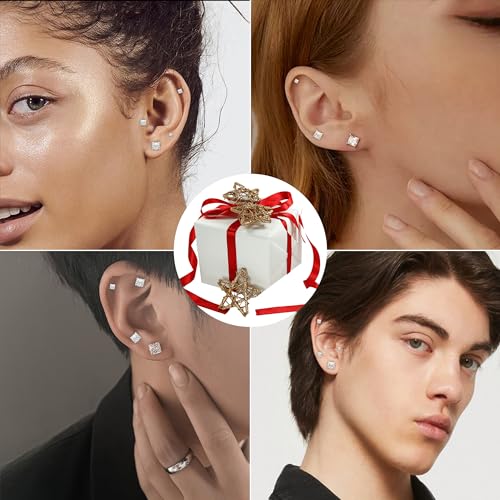 Trinckle 4 Pairs Stainless Steel Earrings, Square Earrings For Men Silver Cubic Zirconia Earrings Studs Hypoallergenic Princess Cut Earrings For Women Stud Earrings Set Cartilage Piercing Men Jewelry thumb #2