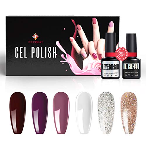 ICONSIGN Women Gift Gel Nail Polish kit - 6 Colors Nail Polish set with Base Coat and Top Coat, White/Purple/Brown/Pink/Silver & Gold Glitter Soak Off Gel Nail Polish for Nail DIY Home