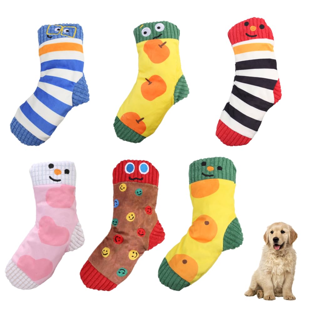 DONGKER Lot de 6 chaussettes couinantes pour chien, jouets à mâcher pour chien, double son, structure physique pour chiens de petite et moyenne taille, jeux quotidiens, récompense d'entraînement