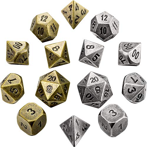 JOVITEC 14 Pieces Metal Solid Zinc Alloy Dices Set Durable Polyhedral Dice with Printed Numbers and Velvet Storage Bags Compatible with Dungeons and Dragons, RPG, Math Teaching