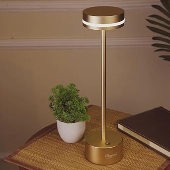 Chronos Lucy Cordless LED Table Lamp - USB Rechargeable Portable Touch Control Dimmable 3 Light Color Tunable Table Lamp for Hotel, Cafe, Restaurant or Home for Bedside, Dining (Gold)
