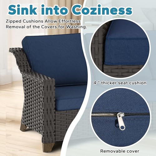 Image of 4 Pieces Patio Conversation Furniture Set - 2 Chairs with Ottomans Set of 2, Outdoor Wicker Armchairs with Water-Resistant and Washable Cushions for Porch, Balcony, Sunroom (Navy Blue) | Patio Chair Set with Olefin Removable Cushion, All-Weather Outdoor Couch with Deep Seat for Porch, Deck and Backyard, Blue