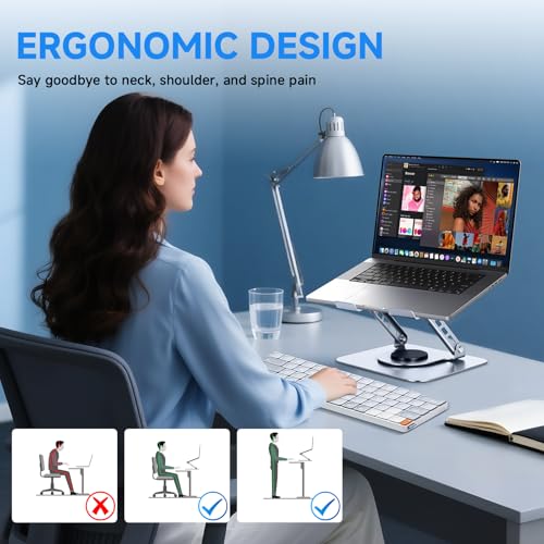 Image of Leeboom Ergonomic Laptop Stand for Desk, 360 Rotating Aluminum Laptop Riser, Adjustable Notebook Holder for MacBook Air /Pro, Dell, HP, Lenovo (10-15.6 inch, Silver) - Not for Gaming Laptops