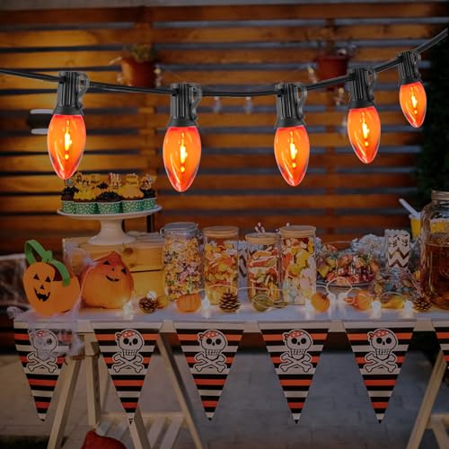 Image of 10FT C7 Orange LED String Lights, Black Wire Outdoor Halloween | IP44 Waterproof & Shatterproof, End-to-End Connectable, Perfect for Patio, Porch, Railing, Party or Holiday Decor