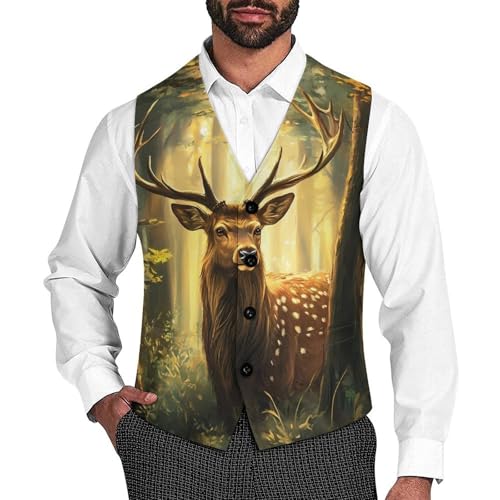 Deer Forests Men's Suit Vests Business Formal Dress Vest V-Neck Waistcoat for Wedding Casual
