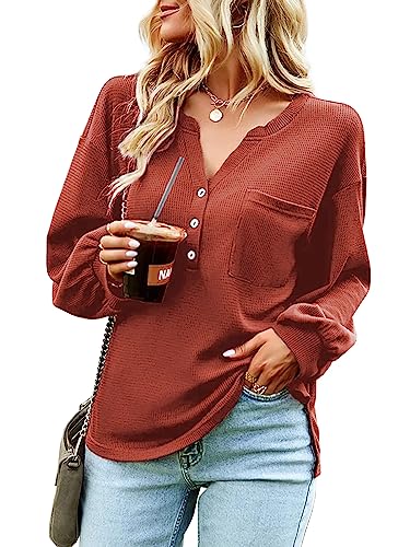 Photo 1 of Fessceruna Womens Waffle Knit Tops Long Sleeve Henley V Neck Loose Fit Side Split Shirts with Pocket X-Large Brick Red
