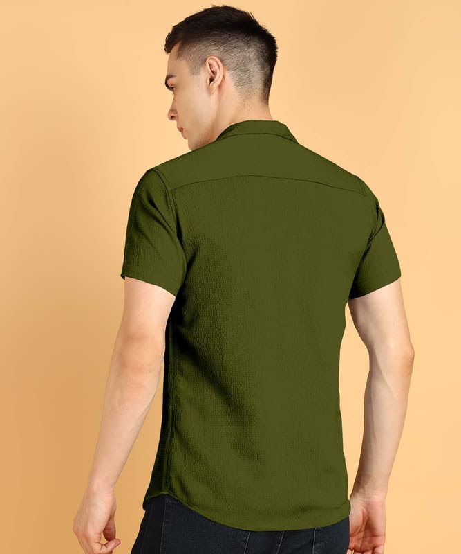 Image of COMBRAIDED Men's Solid Cotton Blend Half Sleeve Shirt - Regular Fit Casual Button-Down Shirt for Office & Travel - Summer & Spring