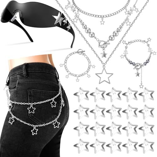 Y2k Accessories Set Included Star Y2k Silver Necklace Grunge Layered Necklace Hip Hop Pants Chain Y2K Sunglasses Star Hair Clip Y2k Silver Hair Clips Vintage Jewelry Set for Women