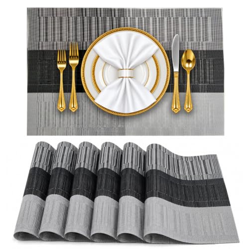 Image of Solitude Set of 6 Dining Table Placemats | Non-Slip PVC Table Mats, Heat Resistant, Washable, Stain-Resistant Surface, (Silver & Black, 45 x 30 cm)