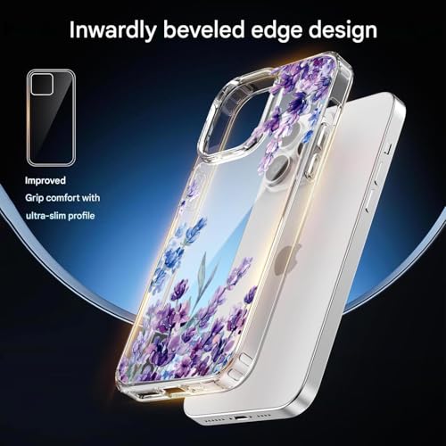 Image of Elzzi Clear Floral Case for iPhone 14 Pro Max, Lavender Flower Clear Phone Case for Women Girls, Cute Aesthetic Purple Botanical Transparent Shockproof Protective Slim Cover (Deep with Leaf)