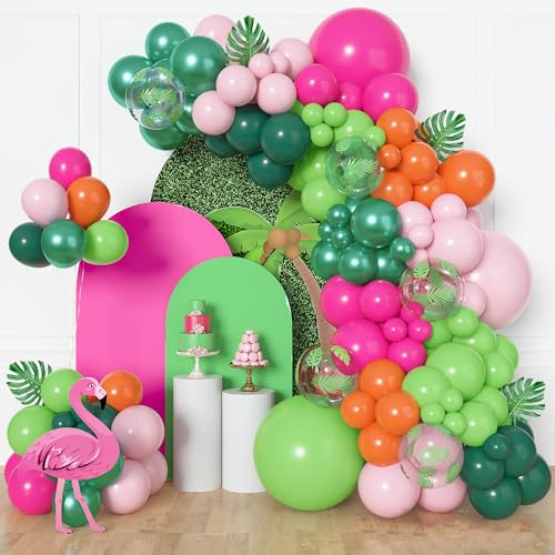 Image of Amandir 153pcs Tropical Balloon Arch Kit Different Sizes | 18 12 10 5 inch Hot Pink Green Orange Palm Leaves Hawaiian Luau Balloons for Summer Aloha Birthday Beach Party Decorations