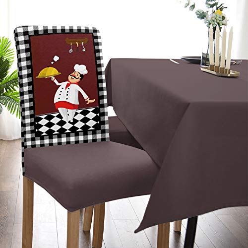 Dining Stretch Soft Chair Slipcover Set Of 6 Pcs, Kitchen Chef With Gourmet Removable Washable Kitchen Seat Covers For Restaurant Hotel Ceremony, White Checkered Lace Black Plaid Floor #TOP4