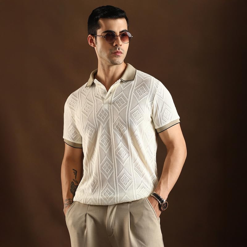 Image of CAHOOT Men's Chalk White & Sand Beige Contrast Rhombus Polo T Shirt for Casual Wear