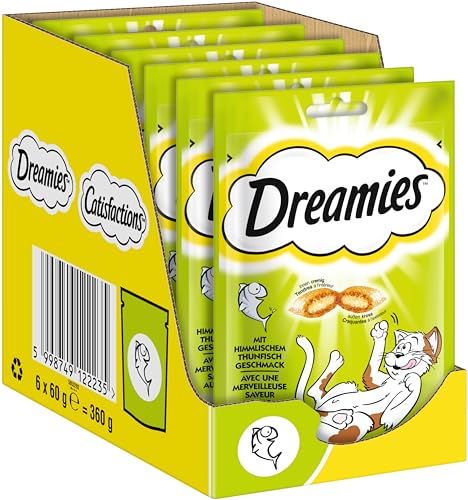 Dreamies Klassiker Katzensnacks mit Thunfisch – Traumhaft knusprige Taschen mit zarter Füllung – 6 x 60g