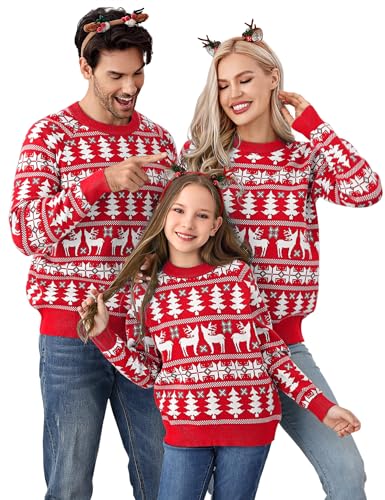 MISSKY Family Christmas Sweater Reindeer Snowflake Pattern Crew Neck Holiday Pullover Knitwear