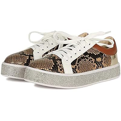 Trendy Fashion Women Mesh Color Panel with Rhinestone Round Toe Lace-Up Flatform Fashion Sneaker