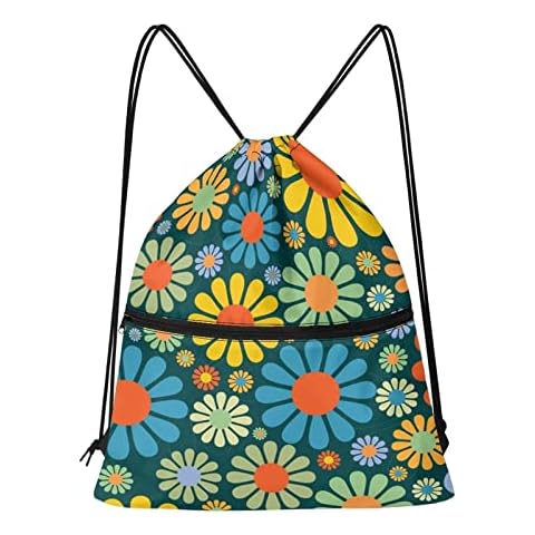 Binienty Hippie Flower Drawstring Backpack Gym Sports Bag with Front Zipper Pocket Cinch Sack Cover