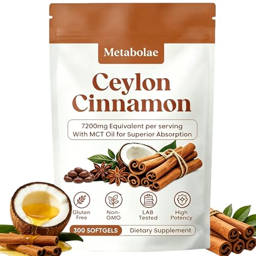 Menjint Metabolae Ceylon Cinnamon Extract Capsules with MCT Oil 300 Softgels 12:1 High Potency Extract True Cinnamon Supplements Non-GMO & Gluten Free Easy-to-Swallow Vegan Friendly