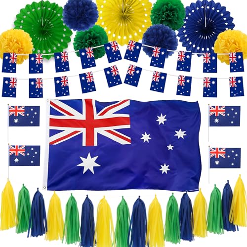 Flerramao Australian Party Decorations Set - Australia Flag Banner Yellow Green Blue Paper Fans Pom Poms Tassel Garland for Australia Day Decor