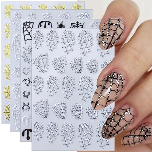 Halloween Nail Art Supplies - Gold & Silver Spider Web Nail Decals & Stickers with 3D Spiders & Hearts