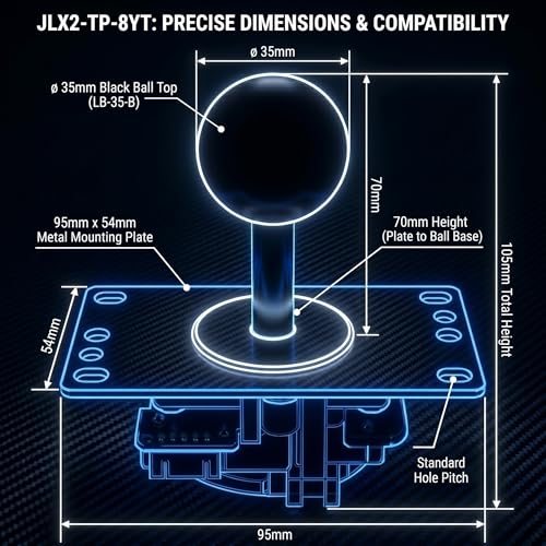 Image of SANWA JLX2-TP-8YT 2nd Gen Arcade Joystick w /Black Ball Top & 5-Pin Harness - Ultimate JLF Upgrade & Successor | POM Base, X-Shaped Washer, GT-8X Gate | 4 & 8 Way Fighting Game Lever