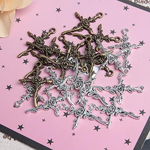 Acxico 20 Pcs Cross Charms Antique Silver Tone with Detailed Rose - Image 8
