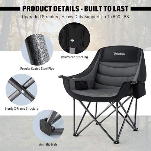UMINEUX Silla de Camping Plegable para Adultos, Extra Ancha, Soporta 500 lbs, Tapizada, Portátil, 2 Piezas, Negro y Gris miniatura 5