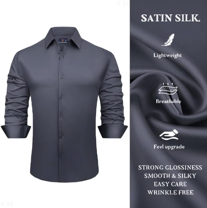 Image of CB-COLEBROOK Mens Stylish Solid Silk Satin Casual Dress Shirts for Men Shiny Long Sleeve Button Down Shirt Party Prom Wedding Shirt for Mens