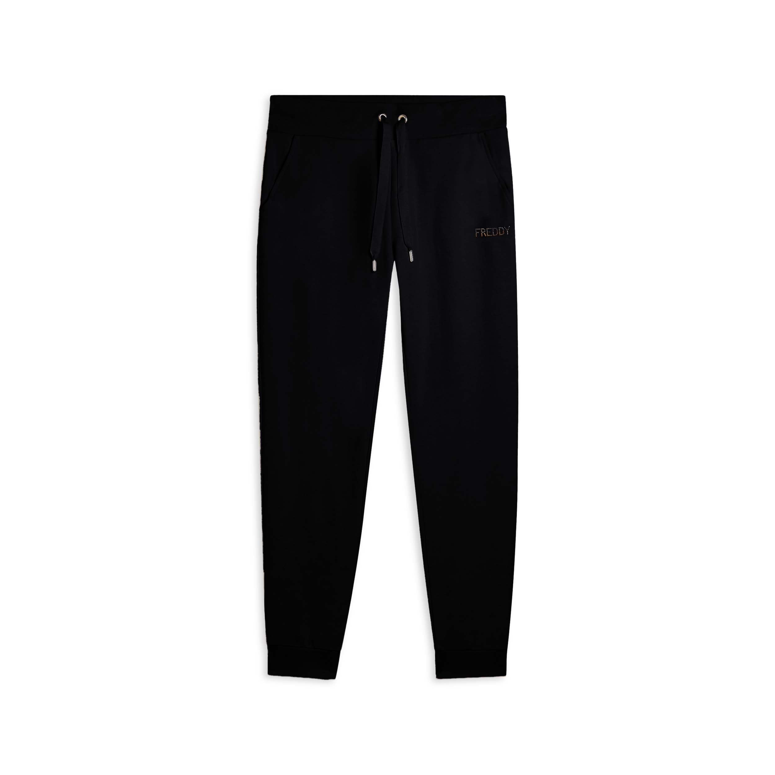 FREDDY Pantaloni Donna in Felpa Modal con Polsini, Coulisse e Logo Strass Bicolore