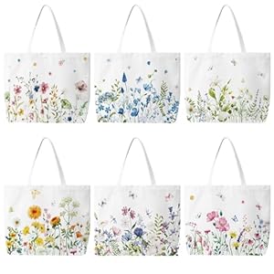 Bencailor 6 Pcs Christmas Canvas Tote Bags Cute Floral Tote Bag Aesthetic Gift Bags Xmas Tree Reusable Grocery Bag for Women