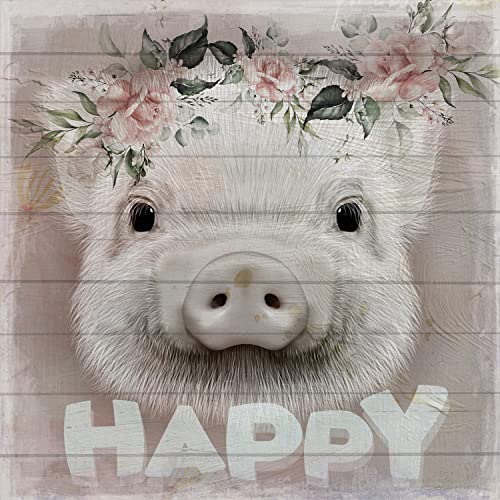 Queence | Cuadro de madera | Cuadro de madera | Aspecto Shabby | Casa de campo | Regalo | Vintage | Tamaño: 50 x 50 cm, color: Happy Pig Cover