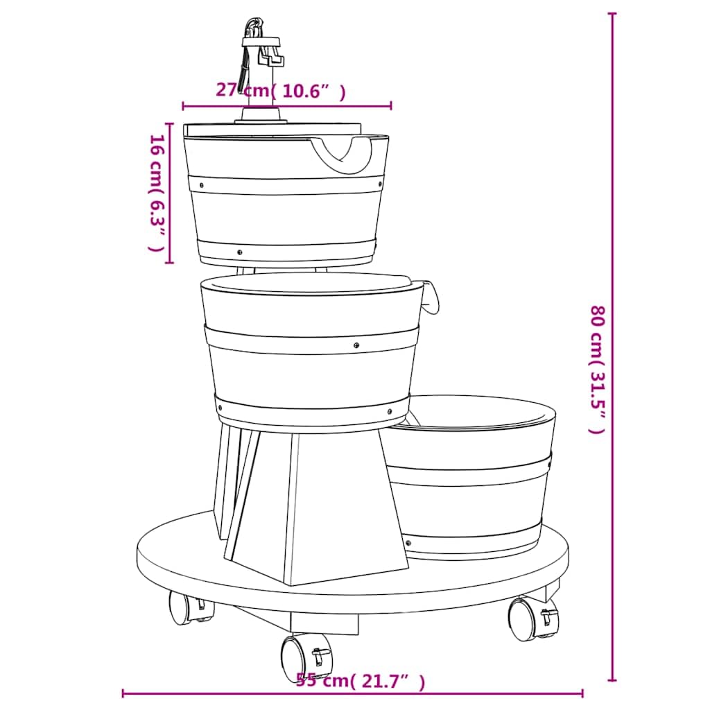Mangloder Fontana da Giardino con Ruote e Pompa in Legno di Abete Massiccio Effetto Bruciato, 55 x 55 x 80 cm, Cascata a 3 Livelli per Giardino, Terrazzo, Esterno, Fontana Decorativa e Gioco Acqua