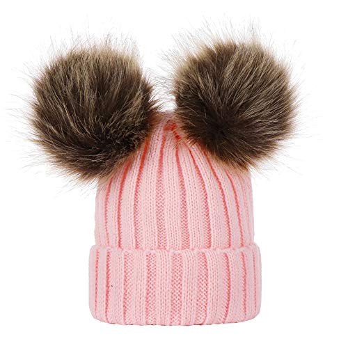 mxjeeio Unisex - Baby Mütze Beanie Strickmütze Unifarbe Wintermütze Kinder Kunstfell Bommelmütze Mädchen Winter Strickmütze mit Zwei Bommeln Eltern-Kind?0-6M Baby?