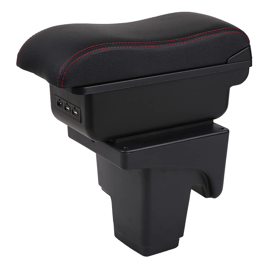 YJYWZH Armrest Box for Ford Focus 2012-2018 Automotive Accessories Storage Leather Car Center Console with Charging 3 USB Ports Built-in LED Light (Black with Black Thread)