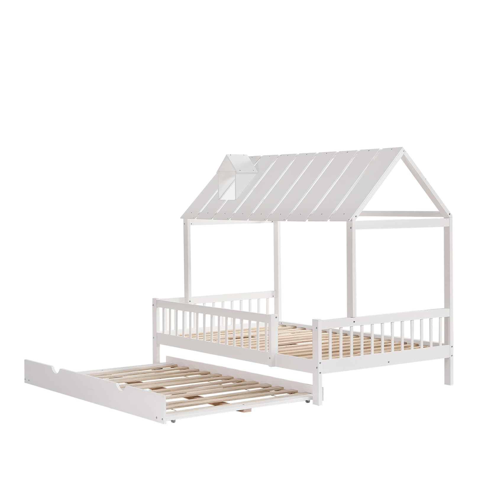 PUGSDRLY Lit Cabane 120x200 Deux Places avec lit Gigogne 120x190,Lit Enfant avec Tête à Décoration Cheminée,Barrière,Sommier à Lattes Solide,pour Enfants Adolescents,Pin,Blanc(B)